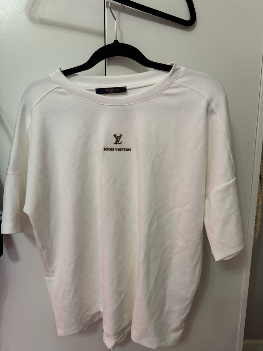 Louis Vuitton White Short-Sleeve Crewneck with Gold LV Emblem